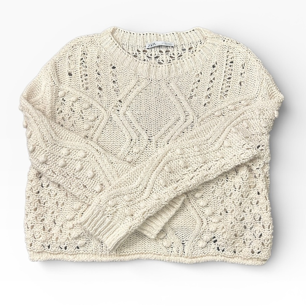 Zara Chunky Open Knit Crochet Cropped Long Sleeve Sweater Cream Size Small